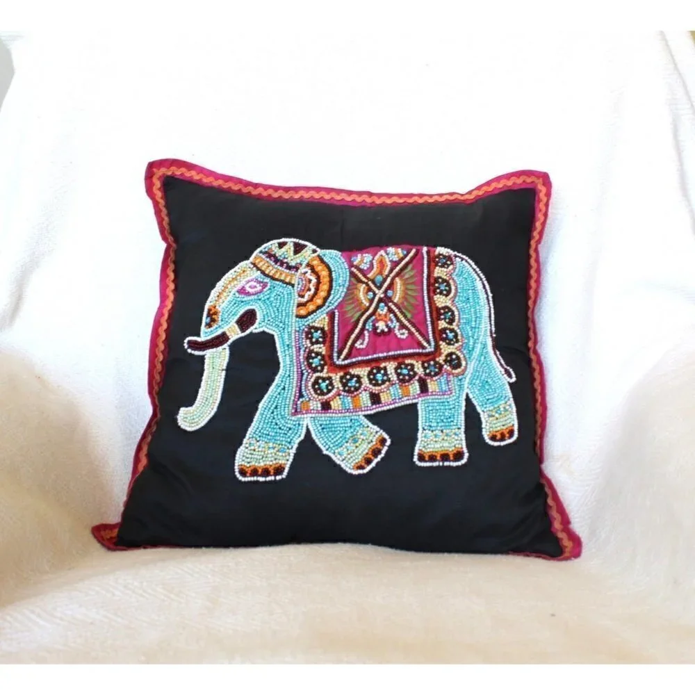 Atira Designs elephant handmade beaded pillow colorful animal safari made India